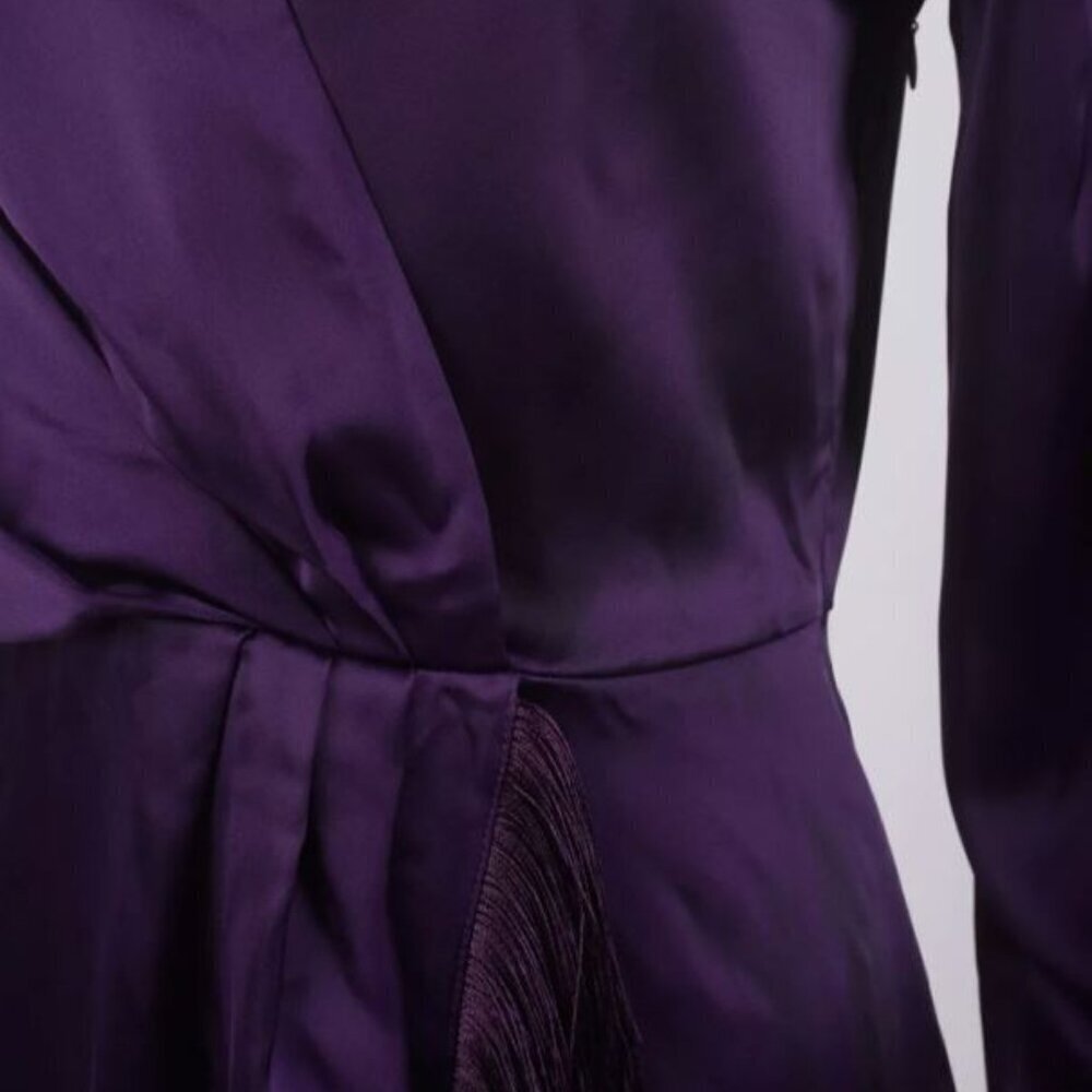 ZARA WOMENS FRINGED WRAP DRESS S PURPLE SATIN EFFECT LONG S SLEEVE 2081 845 654